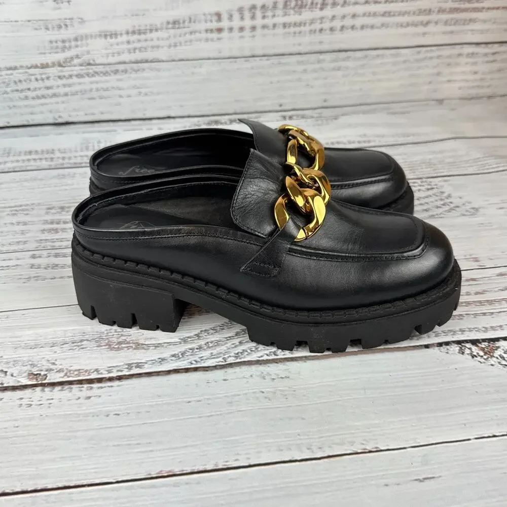 Free People Lyra Link Womens US 8.5 Mule Loafer Shoes Black Gold